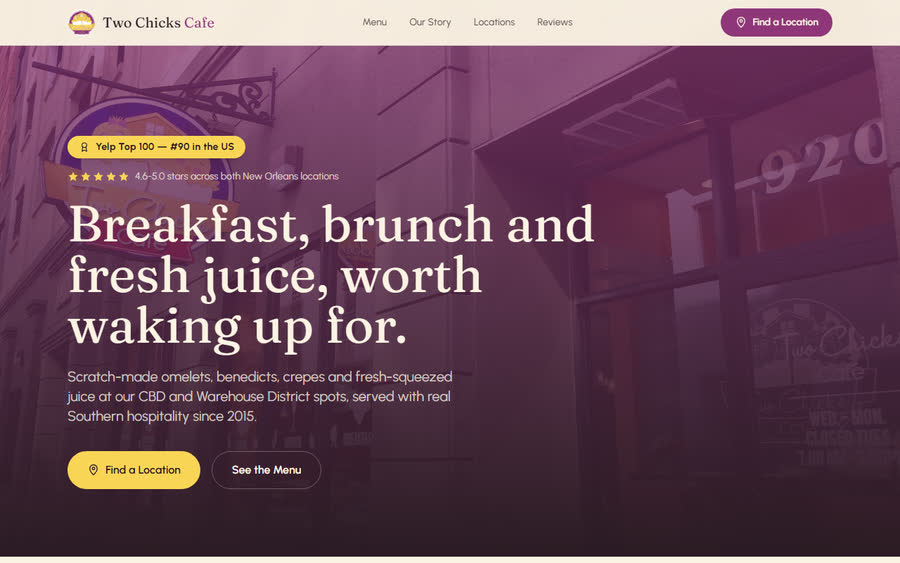 Two Chicks Cafe website homepage