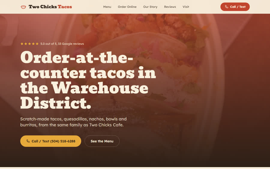 Two Chicks Tacos website homepage